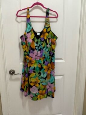 Women’s Floral One-Piece Swim Dress - Black with Multicolor Floral Print